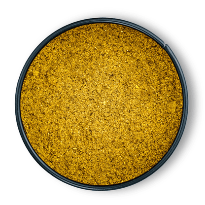 Bio Ras el Hanout, runder Behälter von oben auf weißem Hintergrund.