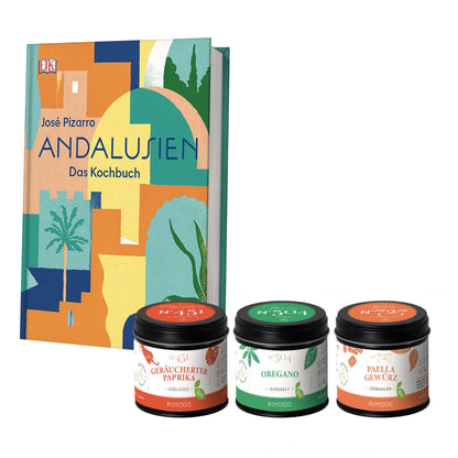 Geschenkset Andalusien mit drei Gläsern: Bio Oregano, geräuchertes Paprikapulver und Gewürz.