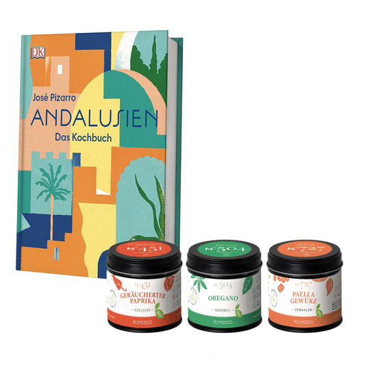 Geschenkset Andalusien mit drei Gläsern: Bio Oregano, geräuchertes Paprikapulver und Gewürz.