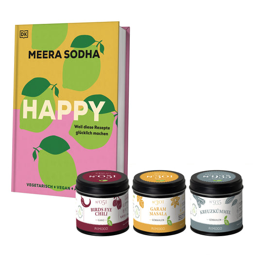 Geschenkset Happy: Kochbuch mit Verpackung für Birds Eye Chili, Garam Masala, Kreuzkümmel.