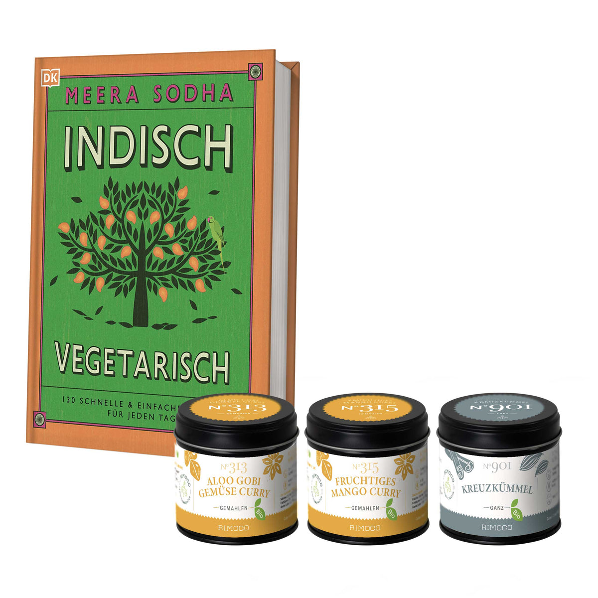 Kochbuch mit drei Gläsern Bio-Currygewürzen, die vorne vor dem Buch stehen.