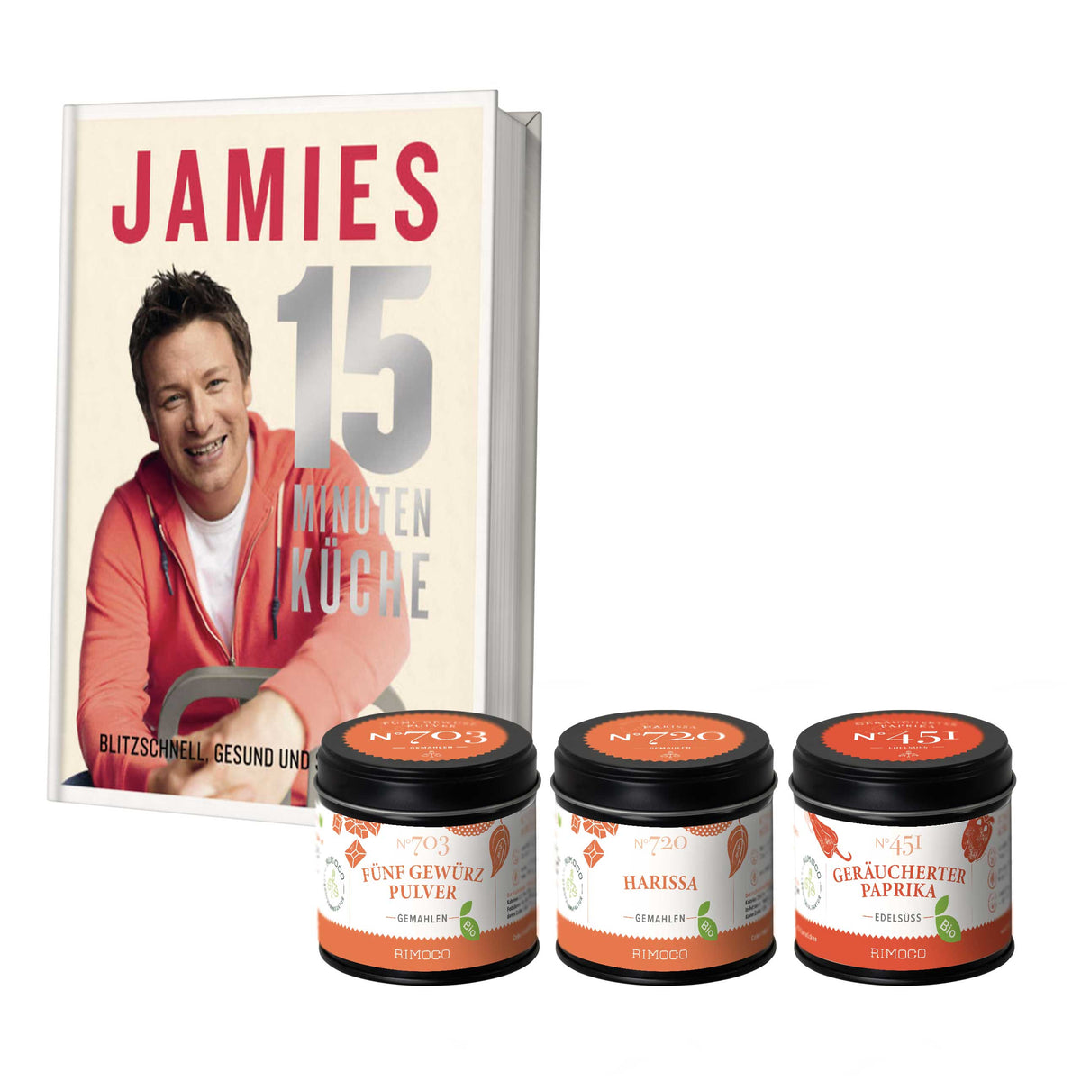 Jamies 15-Minuten-Küche Geschenkset mit drei Dosen Bio-Paprikapulver: Harissa, Fünf Gewürze, Paprika.