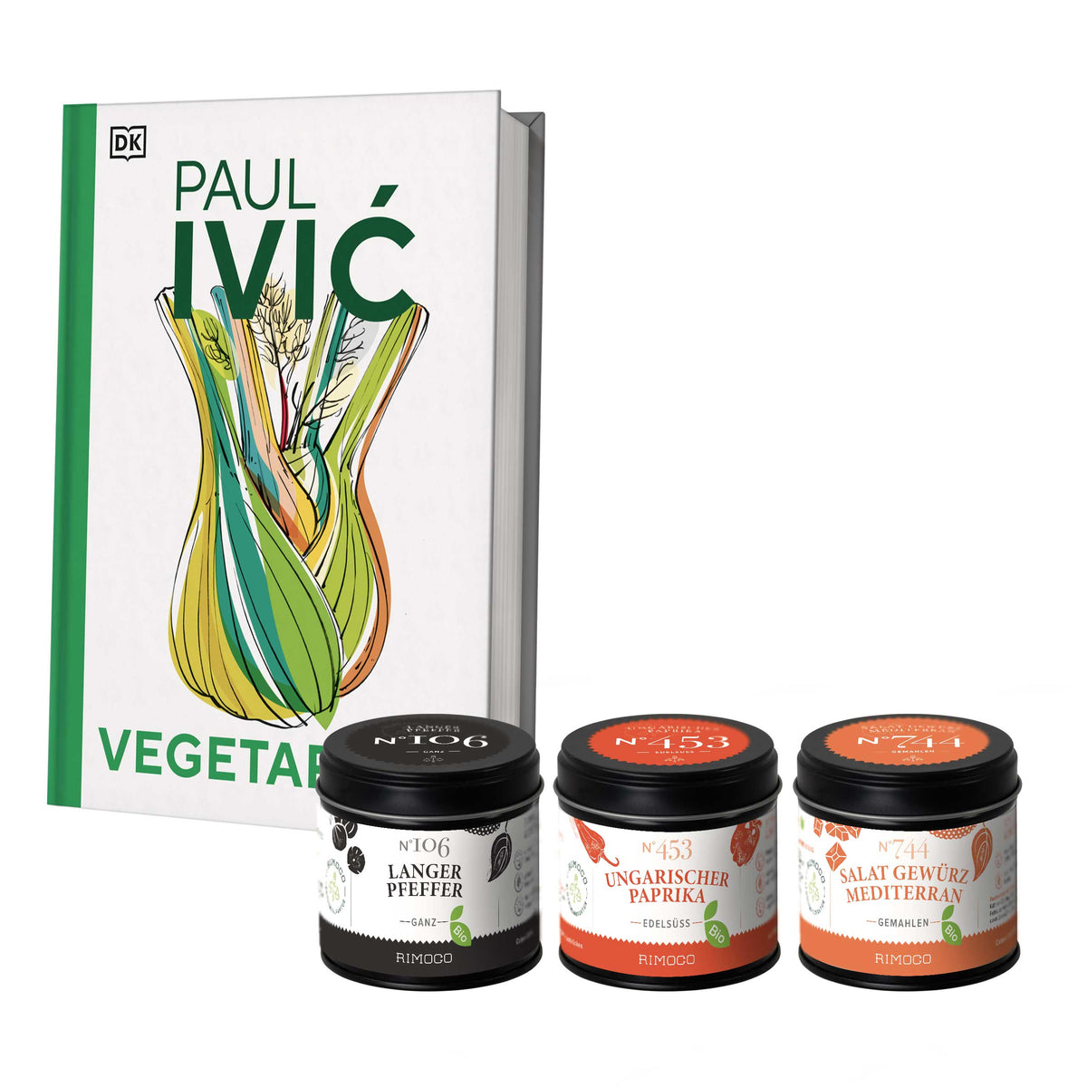 Paul Iviç Geschenkset mit Kochbuch und drei Gewürzen: schwarzer Pfeffer, Paprika, Salatgewürz.