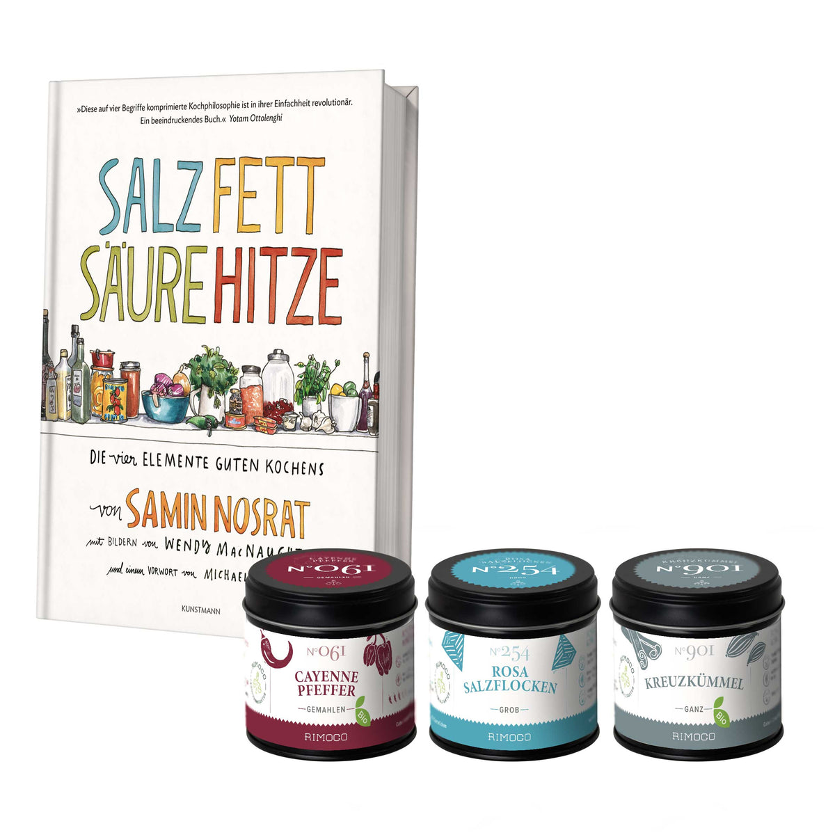 Salz Fett Säure Hitze Set mit rosa Salzflocken, gemahlenem Cayennepfeffer und Kreuzkümmel.