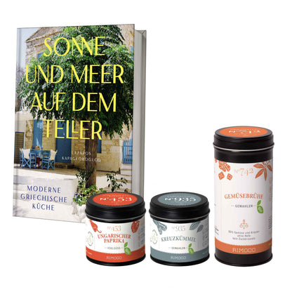 Drei offene Gewürze aus dem Set Sonne und Meer auf einem Teller vor weißem Hintergrund.