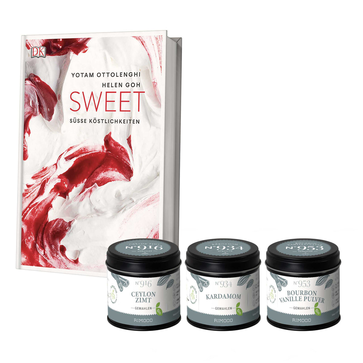 Ottolenghi Sweet Backbuch, daneben Gläser mit gemahlenem Bio-Kardamom, Zimt und Vanille.