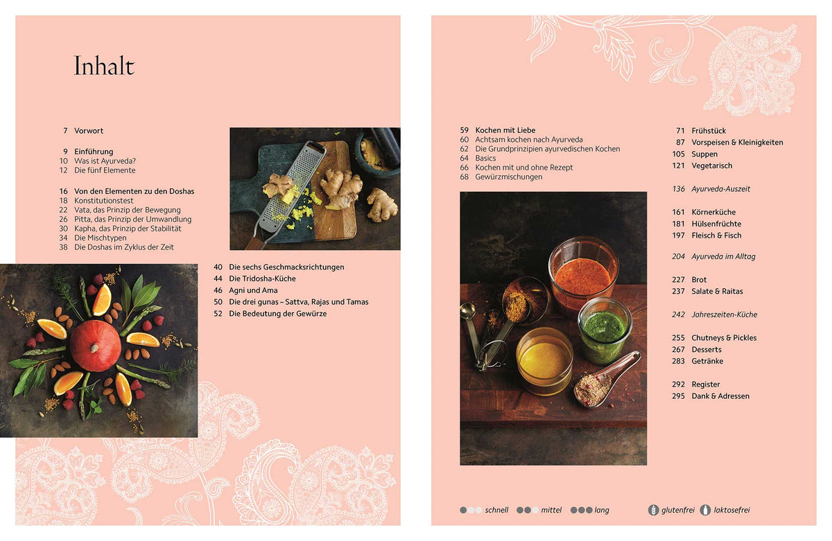Inhaltsverzeichnis mit Fotos von Gewürzen und Speisen; Text Geschenkset Achtsame Ayurveda Küche.