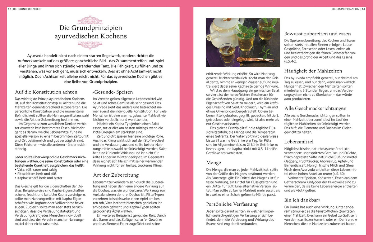 Zwei Seiten aus Achtsame Ayurveda Küche mit Grundlagen und Foto von Ayurveda-Tee.