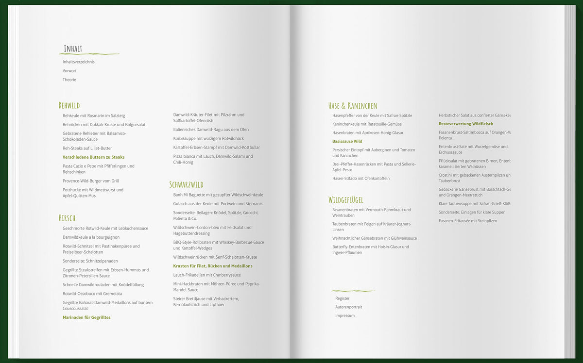 Deutsches Inhaltsverzeichnis in geöffnetem Einfach mal Wild Kochbuch mit grünem Rand sichtbar.