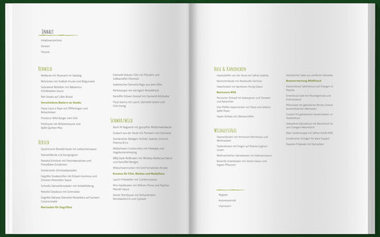 Deutsches Inhaltsverzeichnis in geöffnetem Einfach mal Wild Kochbuch mit grünem Rand sichtbar.