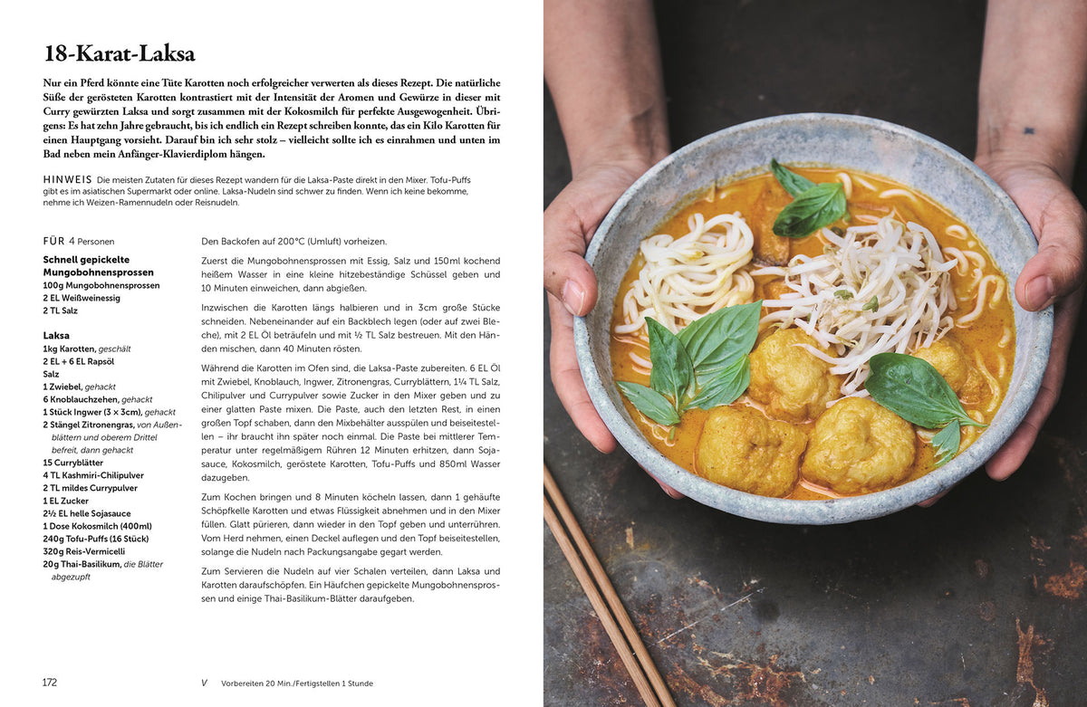 Eine Person hält eine Schüssel, auf der Happy - weil diese Rezepte glücklich machen steht.