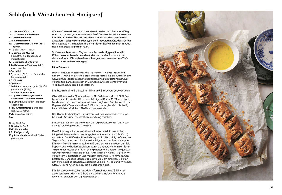 Blätterteig-Würstchen, Honig-Senf-Soße und Bio-Gewürzmischung im Ottolenghi Geschenkset Comfort.