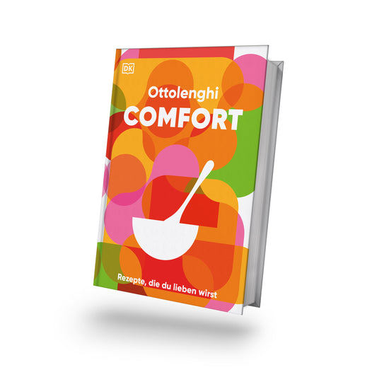 Ottolenghi Comfort Kochbuch mit abstrakten Formen und weißer Schale auf dem Cover.