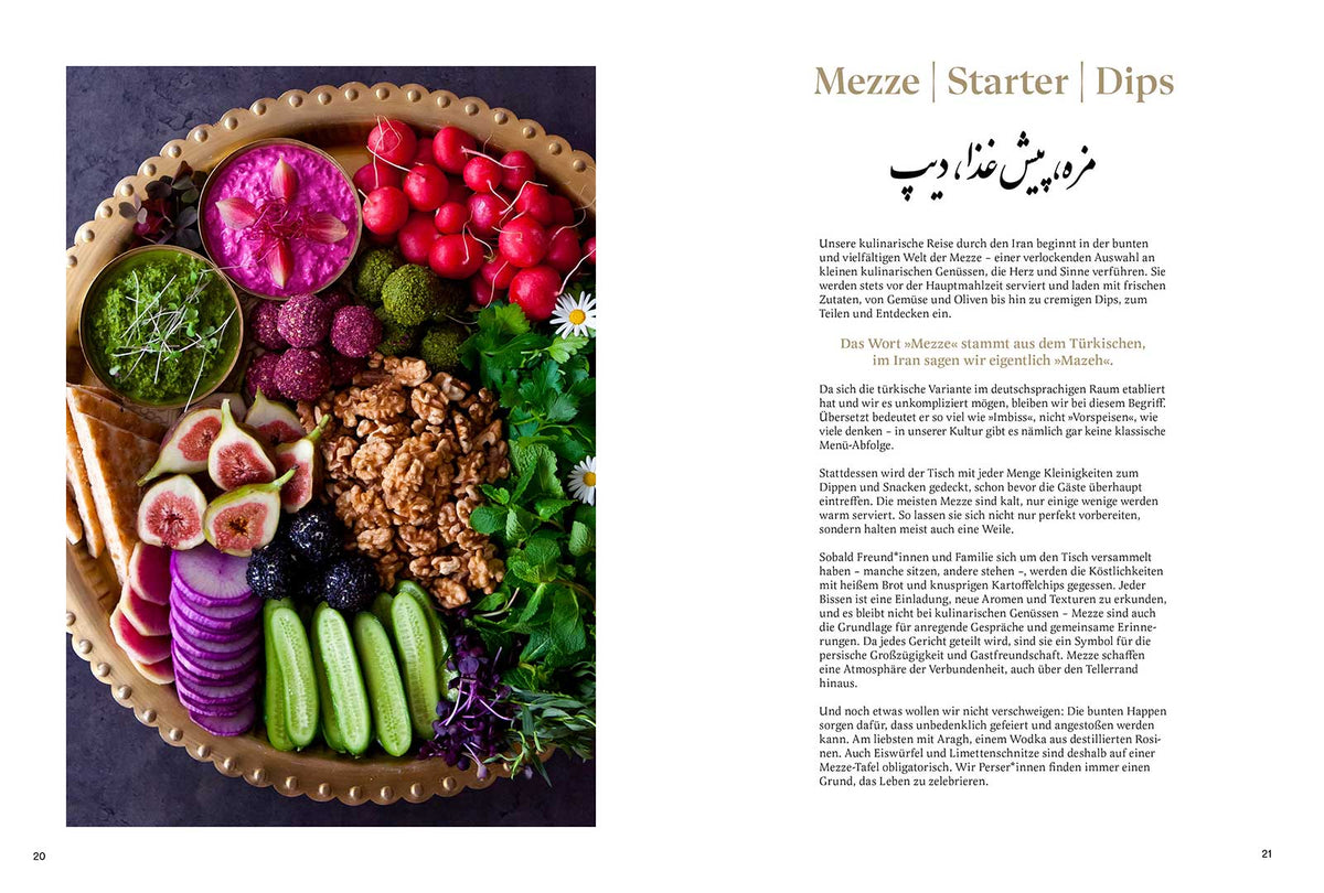 Mezze-Platte mit Feigen, Gurken, Nüssen, Rote Bete und Kräutern auf einem Teller.
