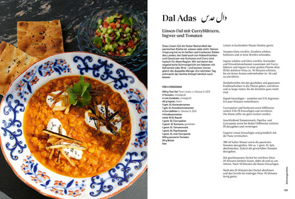 Eine Schüssel Linsendal mit Joghurt und Kräutern, Brot, Salat und Geschenkset Hier fließt die Liebe.