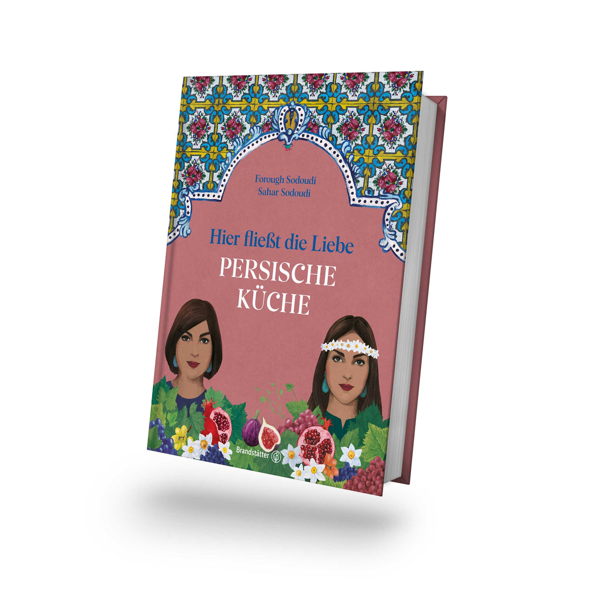 Kochbuch mit Frauenabbildungen, persischen Fliesenmustern und Blumen auf dem Cover.