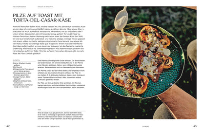 Drei Toasts mit Pilzen und Käse liegen auf einem grünen Teller.