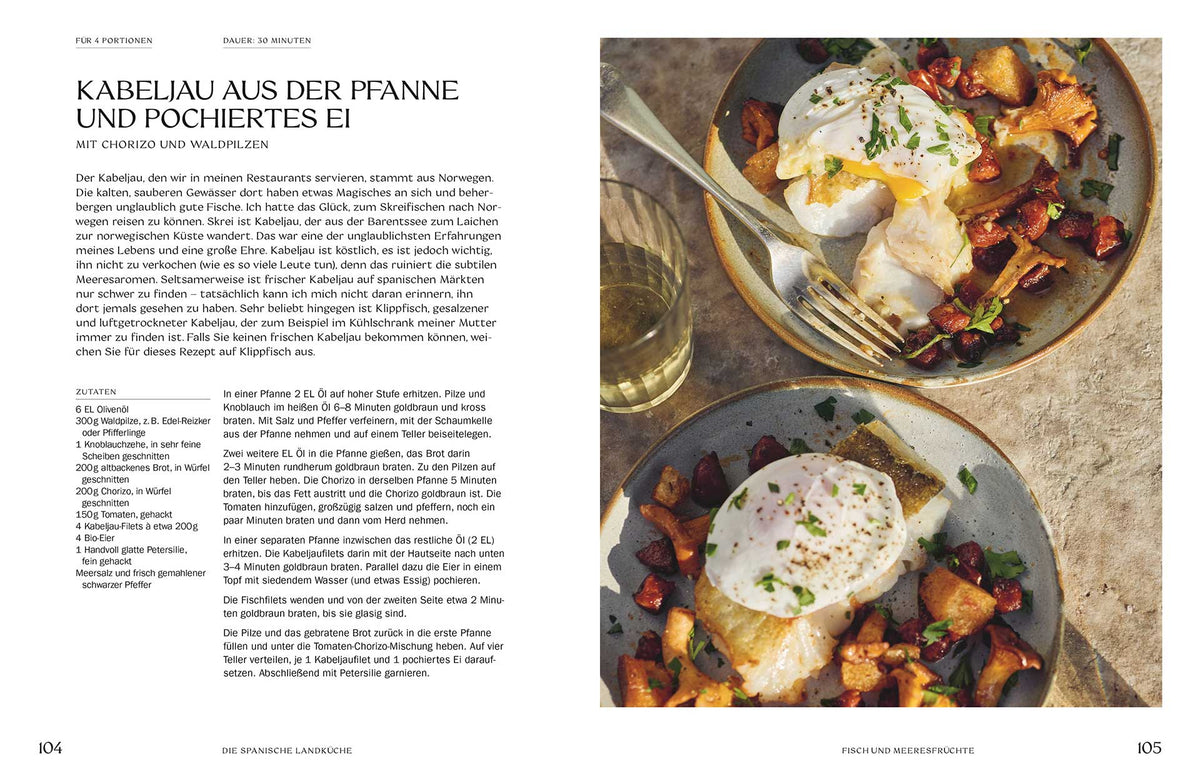 Zwei Teller mit Kabeljau, Eiern, Kartoffeln und Chorizo. Geschenkset Die spanische Landküche.