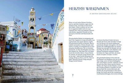 Weiße Steinstufen führen zu einer griechischen Kirche mit Glockenturm, daneben Sonne und Meer auf dem Teller.