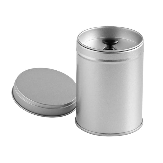 Silberne Große Gewürz-Dose mit abgenommenem Deckel, innen ein schwarzer Knauf sichtbar.