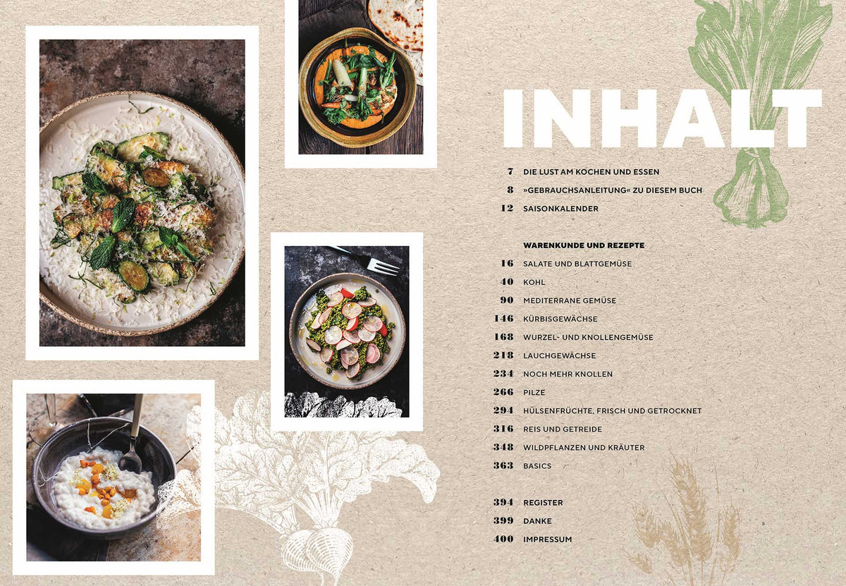 Drei Reisschalen und ein Salat auf einem Tisch, abgebildet neben dem Text INHALT.