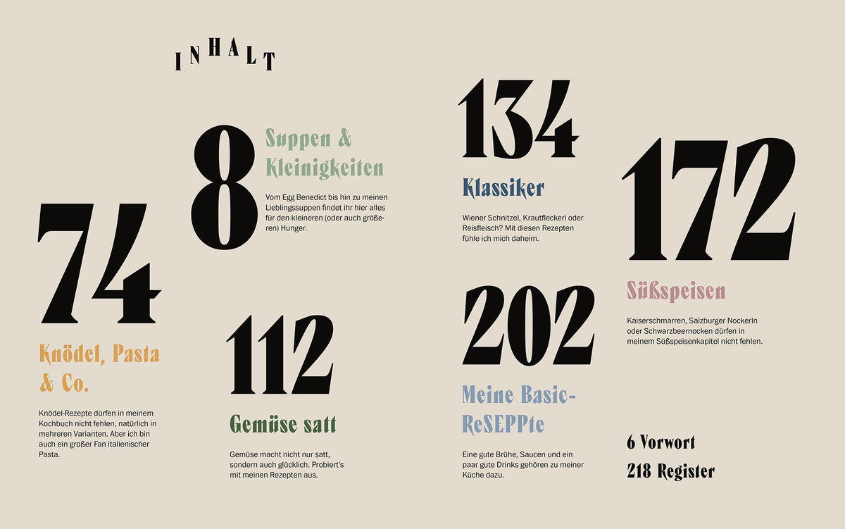 Inhaltsverzeichnis mit großen Zahlen und Titeln Sepp, was machst du? auf beigem Hintergrund.
