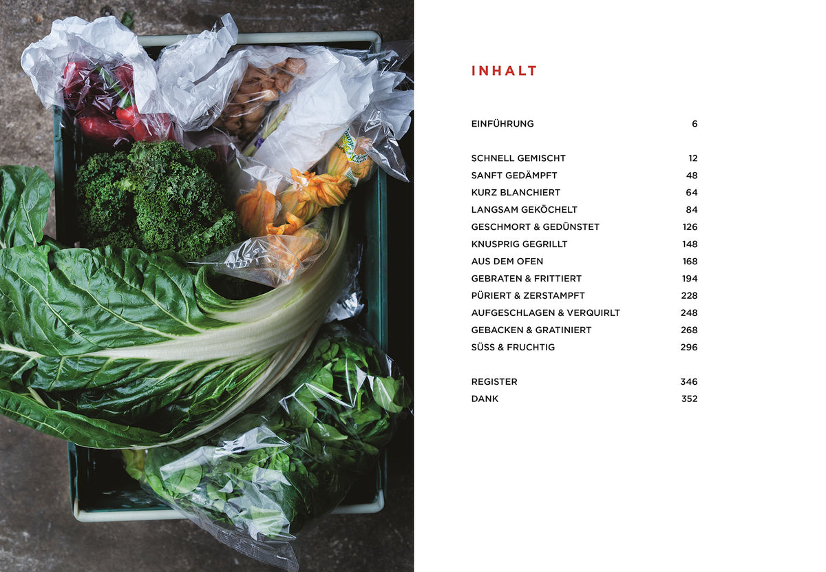 Geschenkset Vegetarische Köstlichkeiten neben einer deutschsprachigen Inhaltsseite eines Kochbuchs.