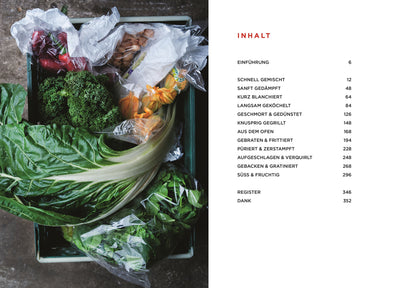 Geschenkset Vegetarische Köstlichkeiten neben einer deutschsprachigen Inhaltsseite eines Kochbuchs.