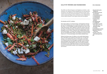 Bunte Schüssel mit Salat aus Karotten, Mungbohnen, Feta und Kräutern neben Vegetarischen Köstlichkeiten.