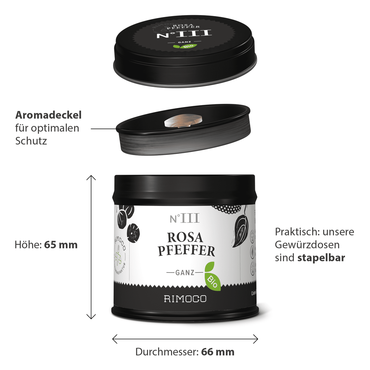 Runde schwarze Dose mit Aufschrift Bio Rosa Pfeffer.