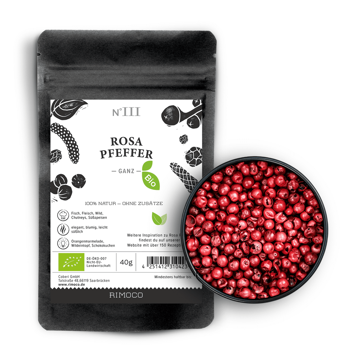 Bio Rosa Pfeffer Packung und eine Schale mit rosa Pfefferkörnern auf weißem Hintergrund.