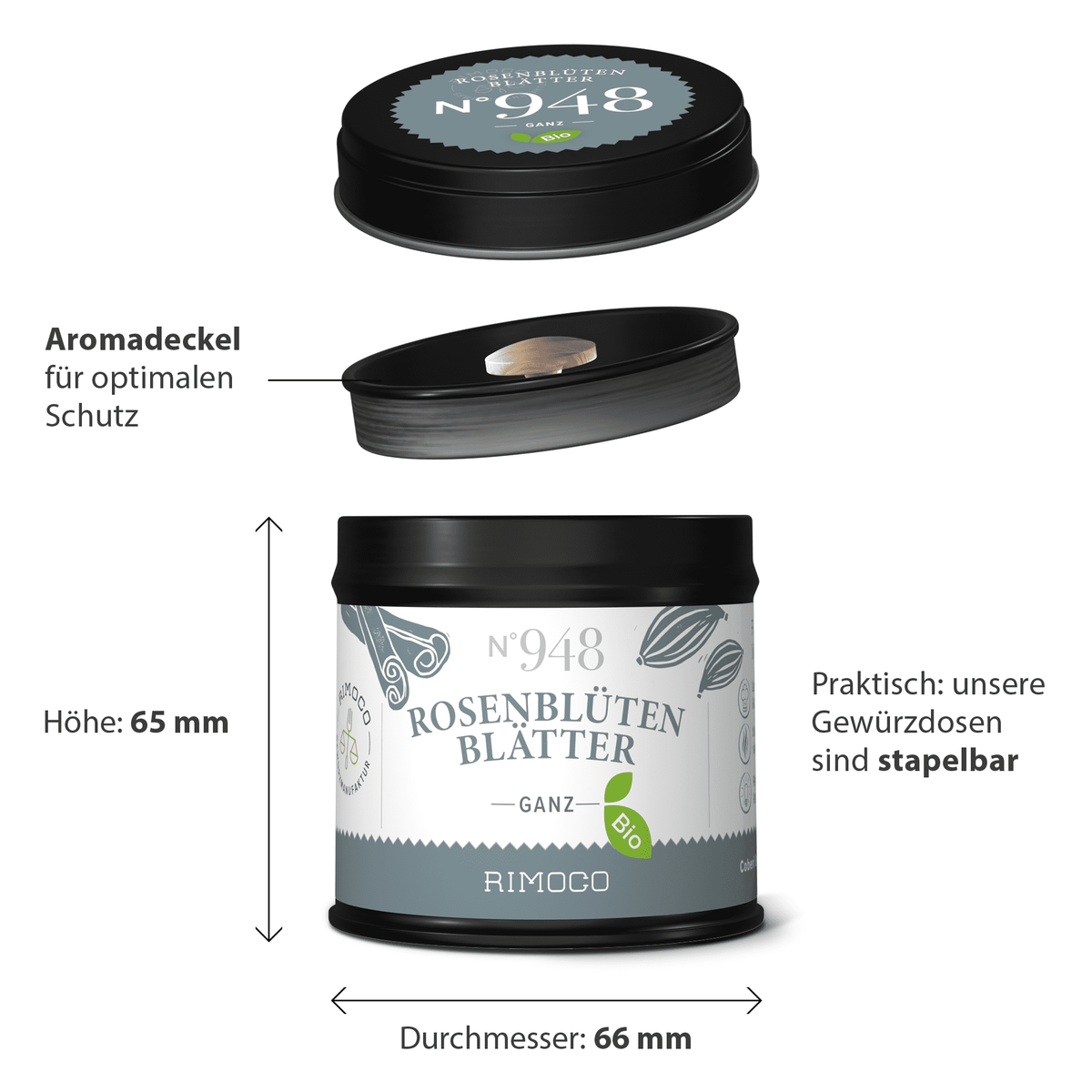 Runde, stapelbare Dose mit Bio Rosenblättern.