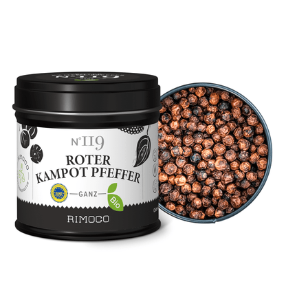 Geschenkset Pasta & Verdura neben einer offenen Dose mit ganzen roten Pfefferkörnern.