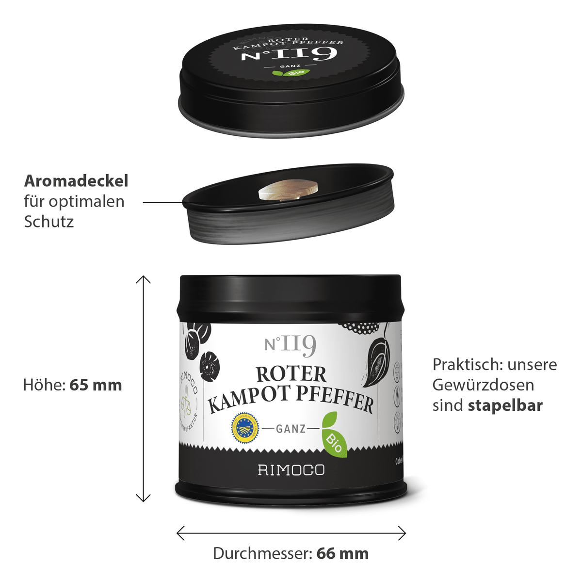 Schwarze Dose Bio Roter Kampot Pfeffer mit Deckel und deutscher Beschriftung.