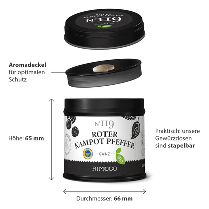 Schwarze Dose Bio Roter Kampot Pfeffer mit Deckel und deutscher Beschriftung.