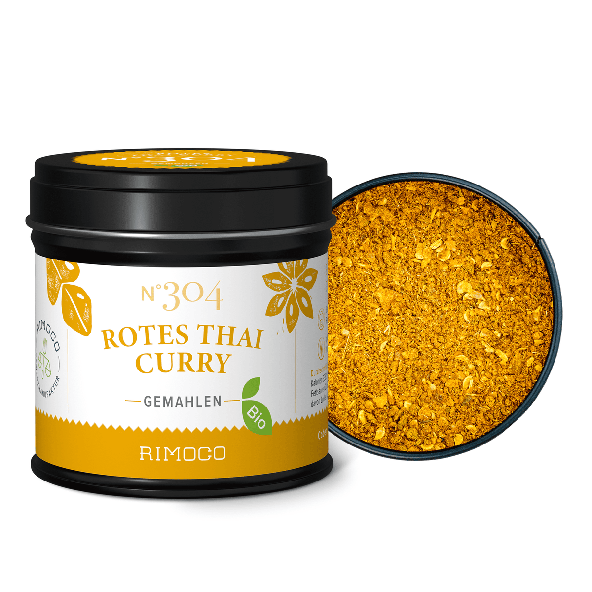 Offene Dose mit Bio Rotes Thai Curry zeigt leuchtend orange, gemahlene Gewürze.