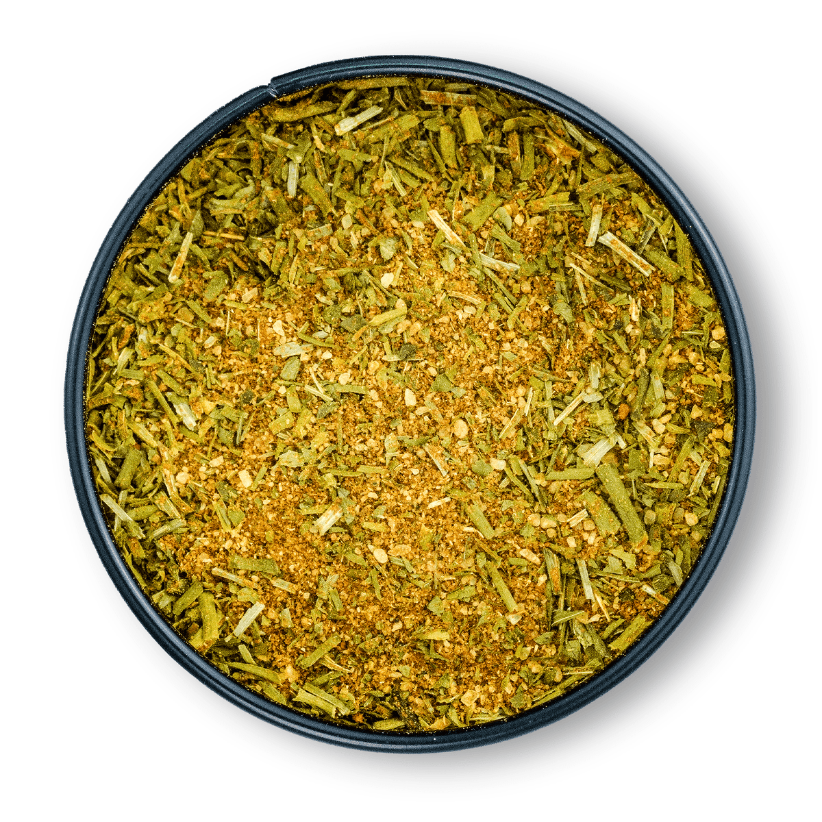 Bio Rührei Gewürz in schwarzer Dose, grün-gelbe getrocknete Bio-Kräuter und Gewürze.