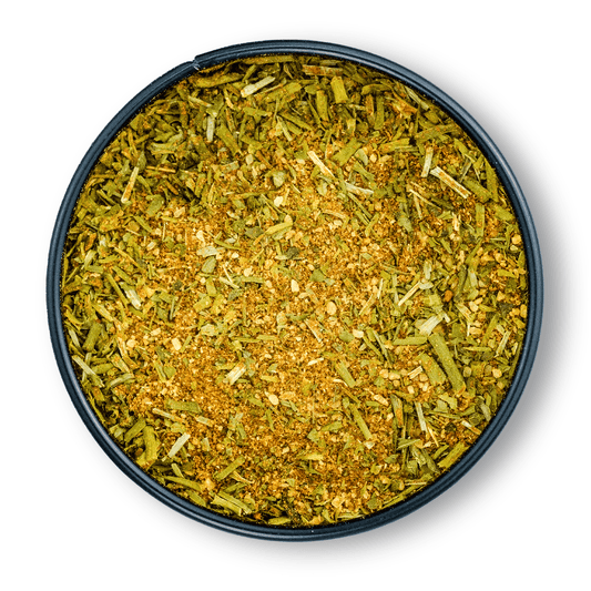 Bio Rührei Gewürz in schwarzer Dose, grün-gelbe getrocknete Bio-Kräuter und Gewürze.