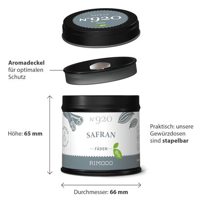 Schwarz-weiße Dose für Bio-Safran mit stapelbarem Design, Aromadeckel und Maßangaben auf Deutsch.