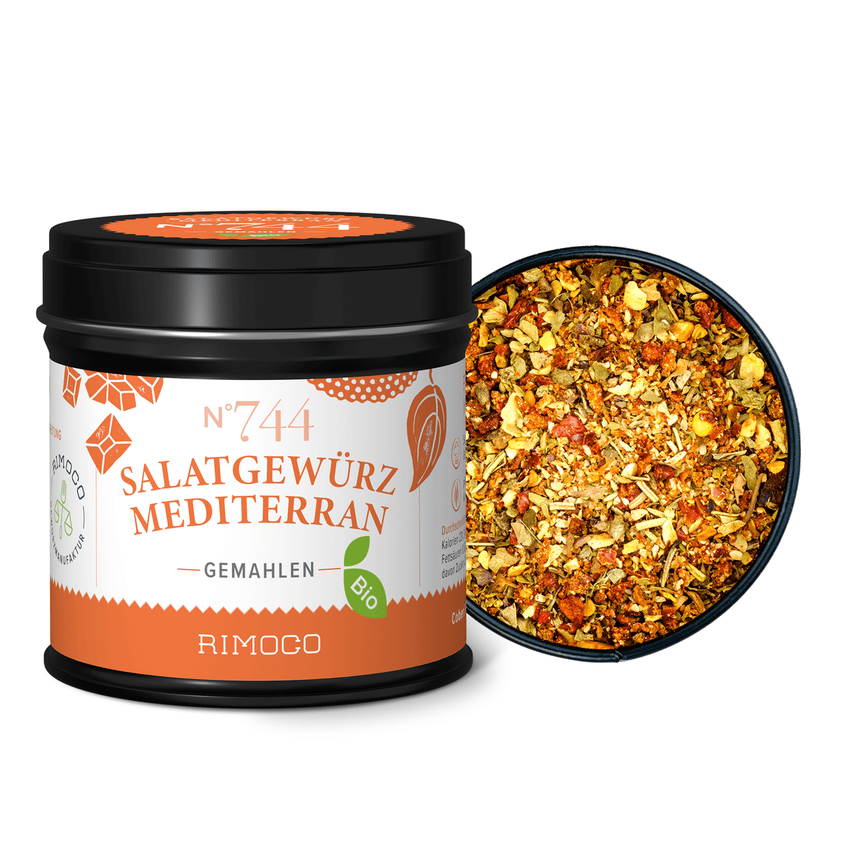 Bio Salatgewürz Mediterran auf Produktverpackung, Dose mit sichtbarem Etikett.