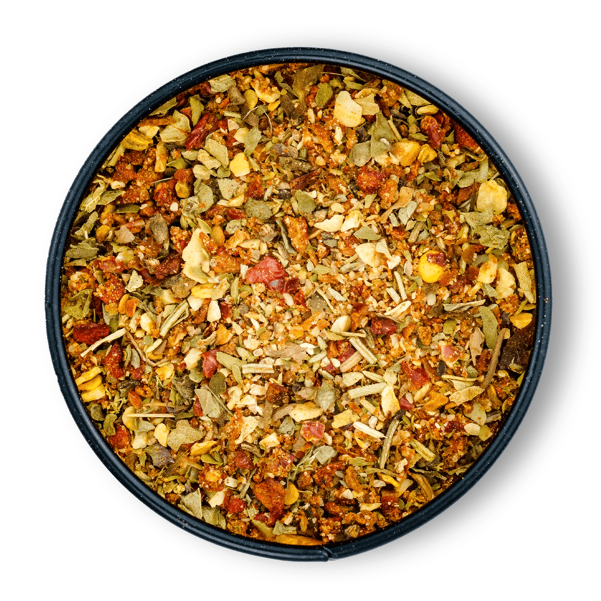 Runde schwarze Schale mit Bio Salatgewürz Mediterran, von oben fotografiert.