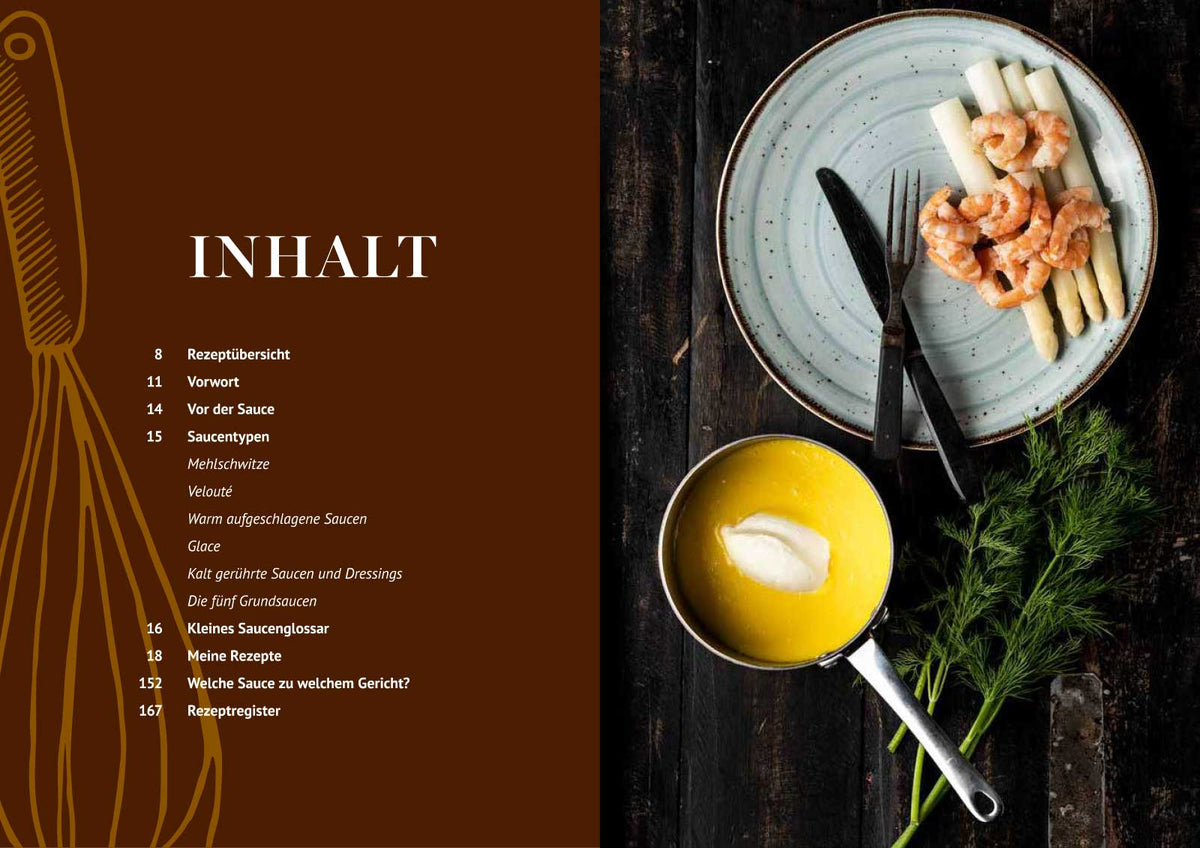 Teller mit weißem Spargel, Garnelen, Orangenscheiben, heller Sauce und Dill.