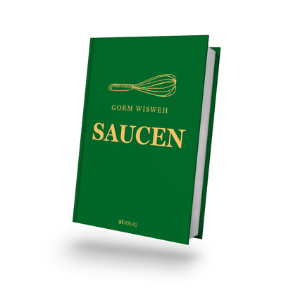 Kochbuch von Gorm Wisweh mit einem Schneebesen, in dem klassische Grundsaucen abgebildet sind.