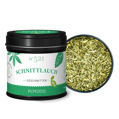 Bio Schnittlauch in geöffneter und geschlossener Dose von Rimoco, getrocknet und fein geschnitten.