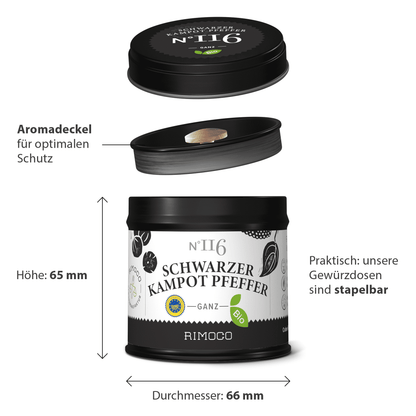 Bio Schwarzer Kampot Pfeffer in schwarzer Dose mit Deckel.