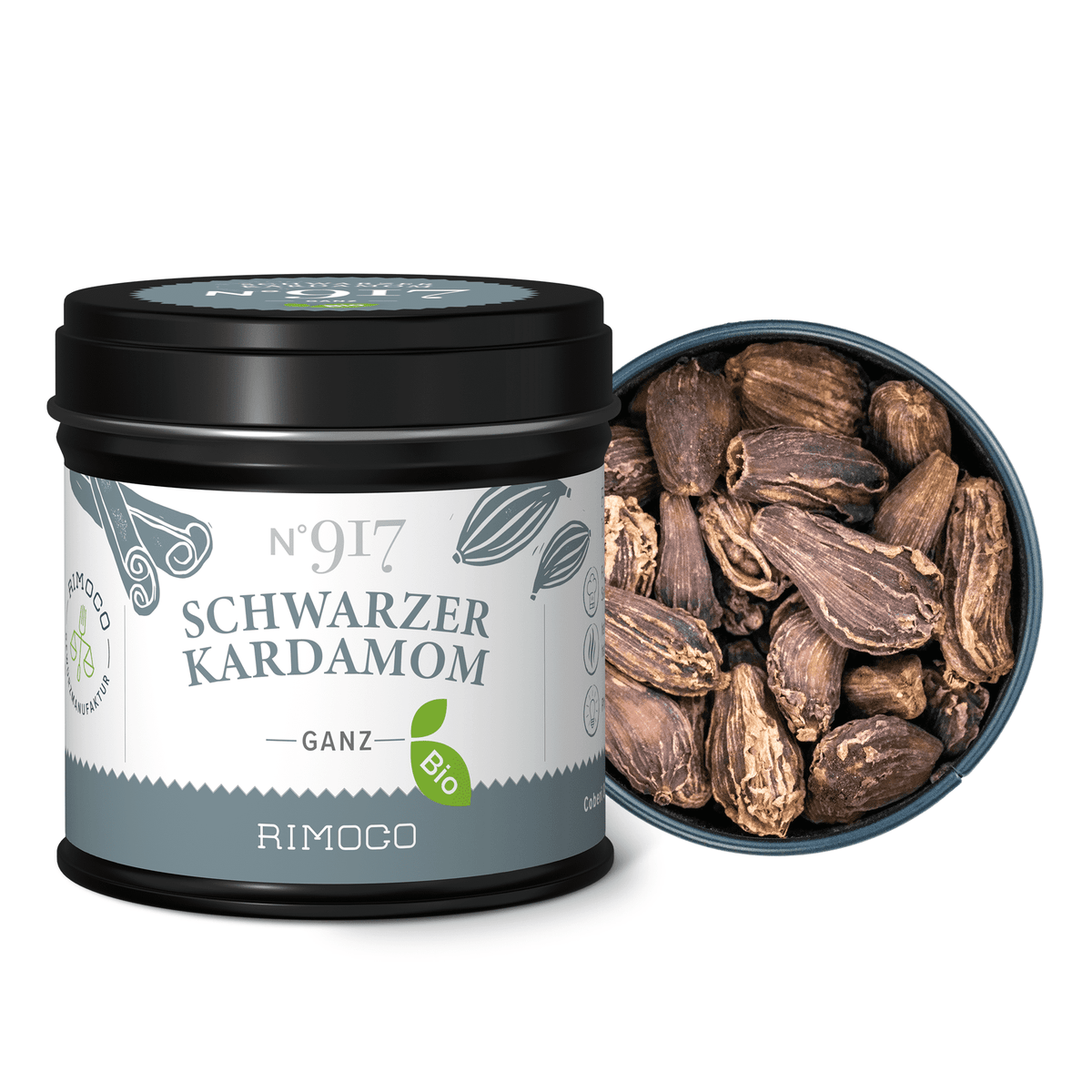 Dose mit Aufschrift Bio Schwarzer Kardamom neben offenem Behälter mit ganzen schwarzen Kardamomkapseln.