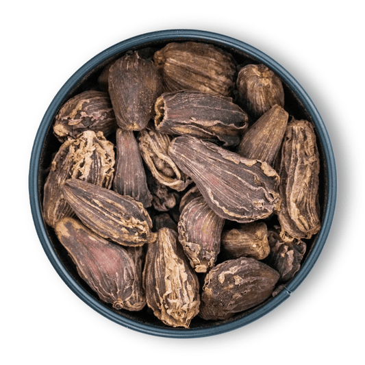Schale mit schwarzen Bio-Kardamomkapseln von oben auf weißem Hintergrund.