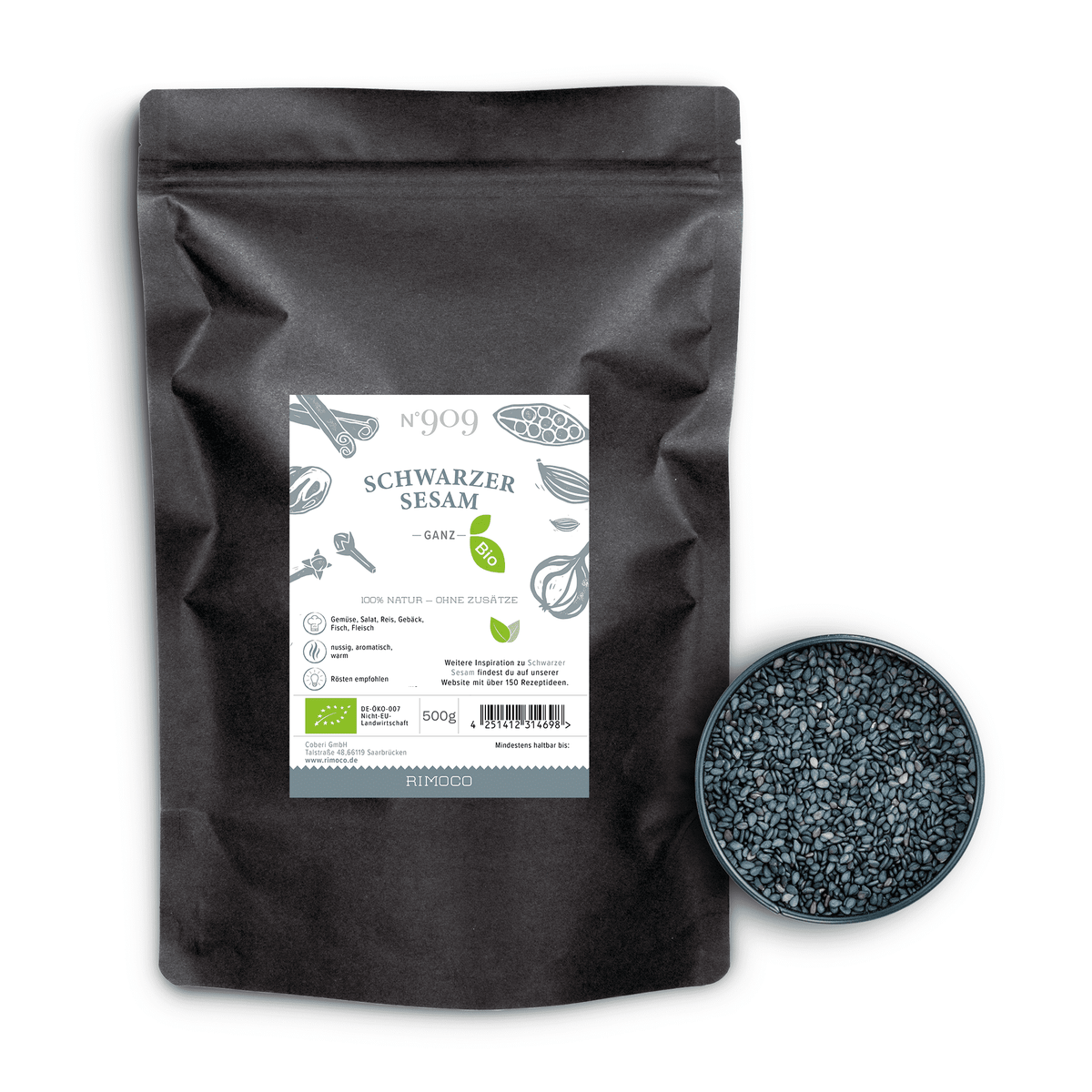 Bio Schwarzer Sesam Packung neben einer Schale mit geröstetem schwarzen Sesam.
