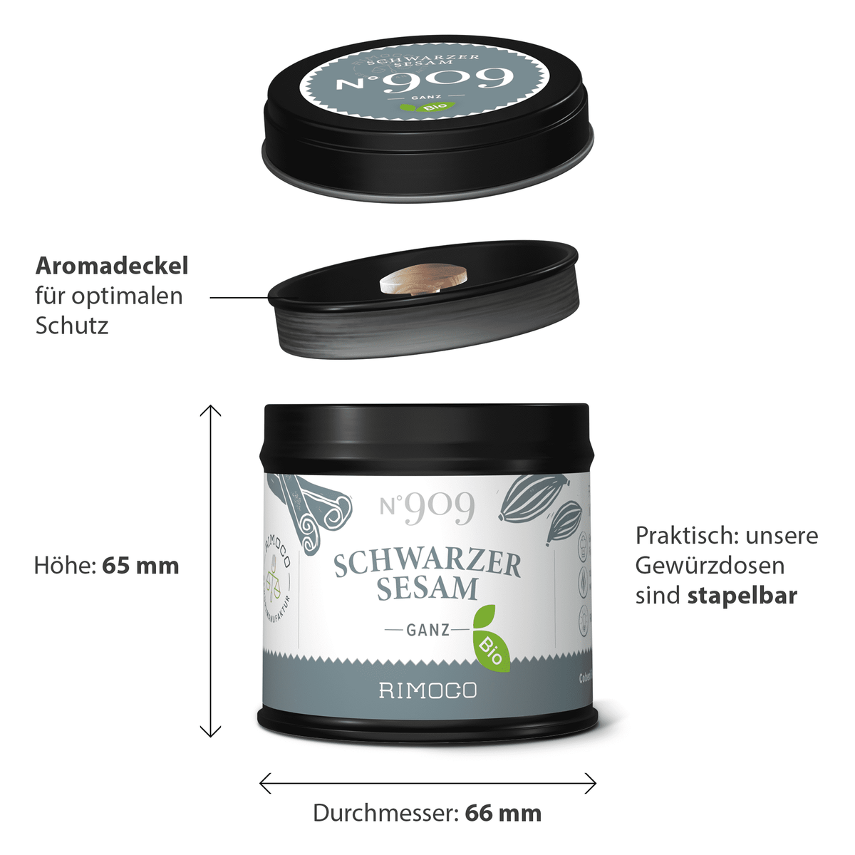 Runde Dose Bio Schwarzer Sesam mit abnehmbarem Deckel, neben Größen- und Stapelangaben gezeigt.