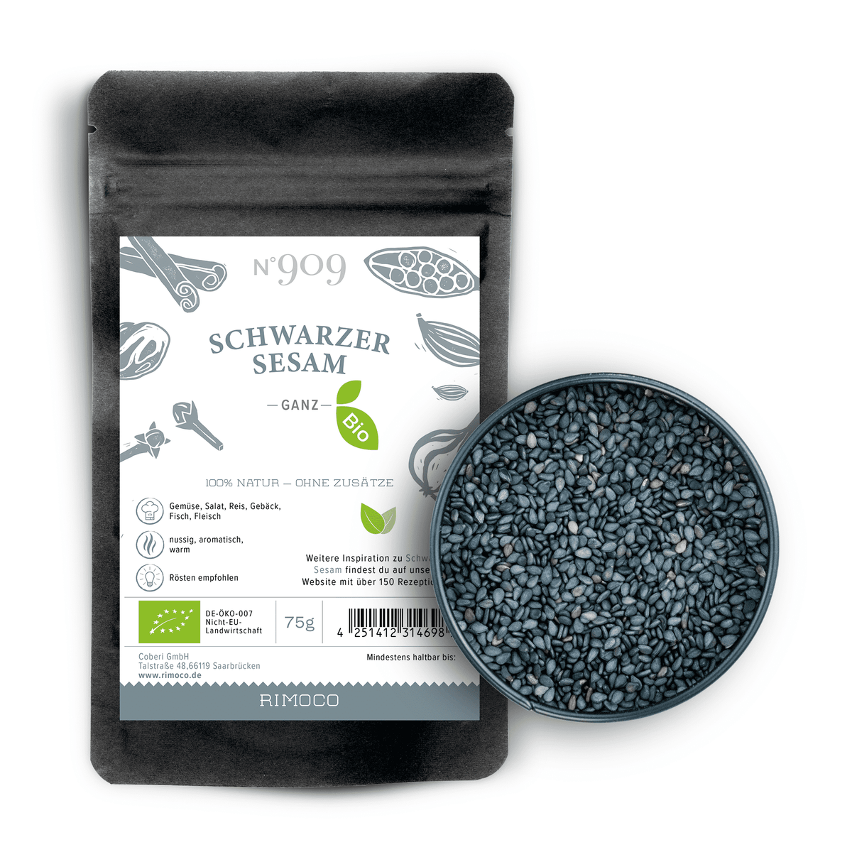 Schwarzer Sesam, Bio, in Schale und Packung sichtbar. Verpackung mit Hinweis auf Bioqualität.